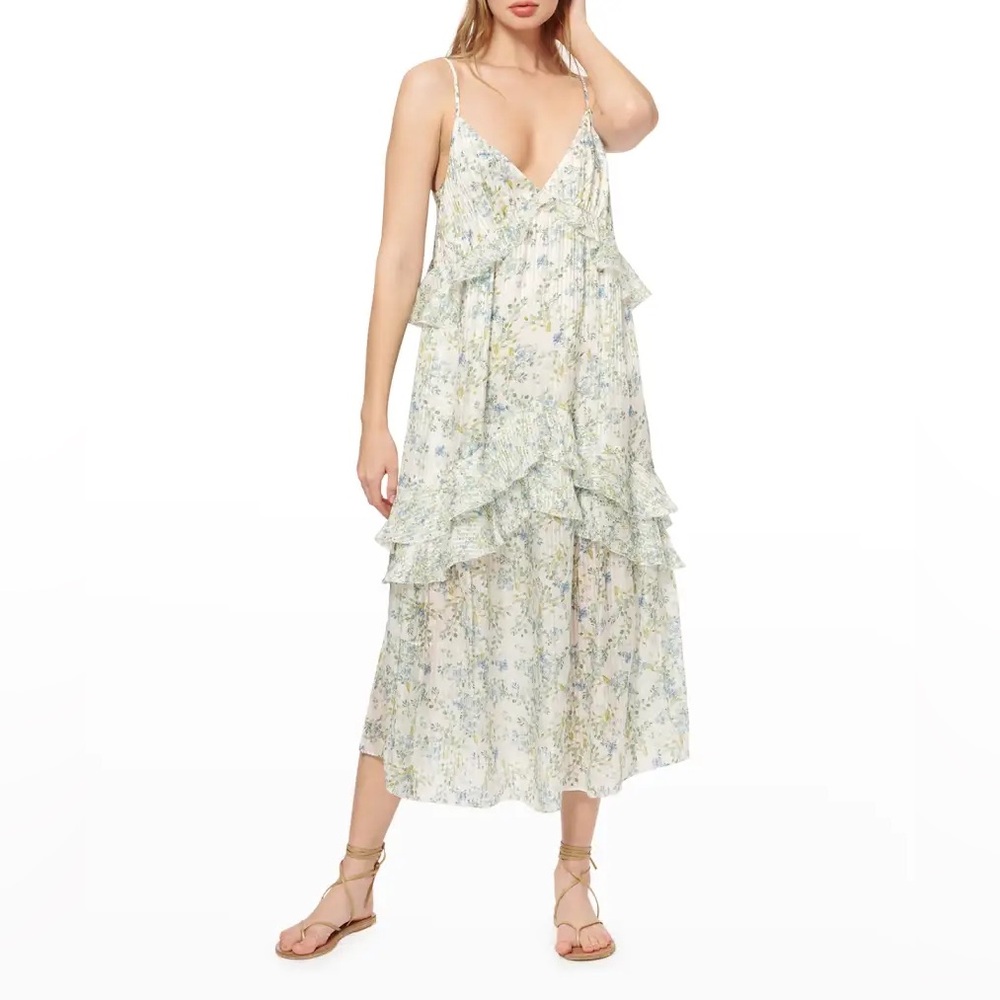 Cami NYC victory tiered floral cotton midi dress white blue green ruffles
